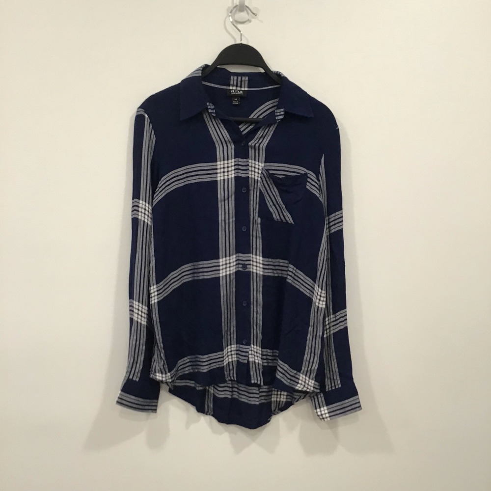 a.n.a womens Plaid Button Down Shirt Womens XS Navy Blue Pocket front Casual top